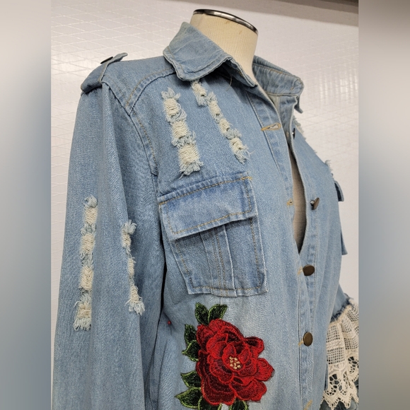 Rock Tour Jean Jacket with Lace Gypsy Bell Sleeves Upcycled Retro Rock Merc - Picture 9 of 14